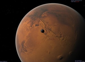 Celestia: Marsmond Phobos schwebt über dem Valles Marineris